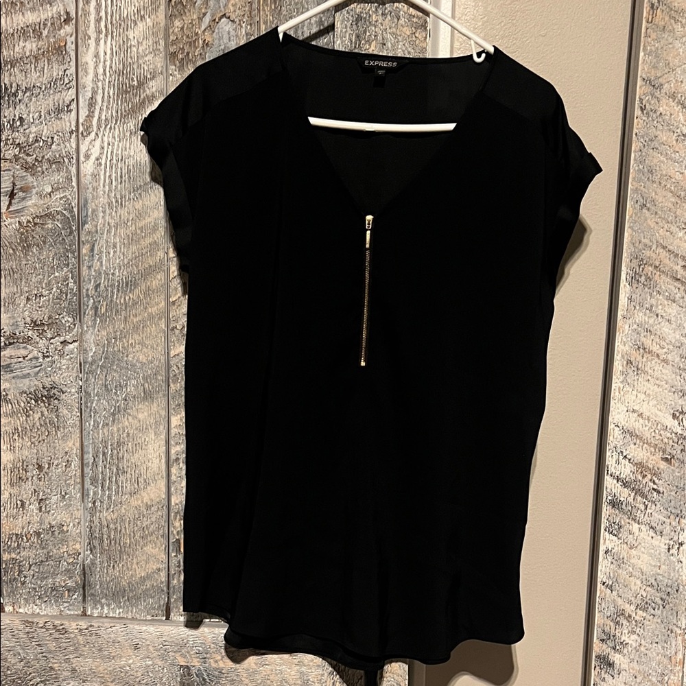 Express Black V-Neck Short Sleeve Blouse with Gold Zip
